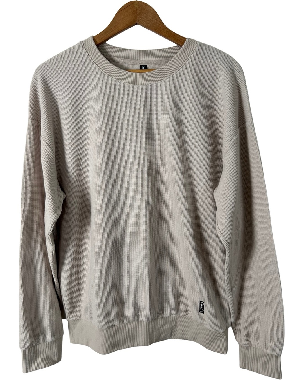 Comfrt Long Sleeve Waffle Crewneck Shirt Large Cream Cotton Blend